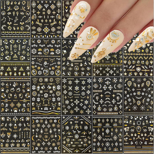 20 Sheets Gold Nail Art Stickers - Metallic 3D Self Adhesive Flower Diamond Designs for Women Nail Decorations