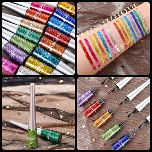 16 Colors Glitter Metallic Liquid Eyeliner Set, Waterproof Long Lasting Eye Makeup Gift Kit for Women
