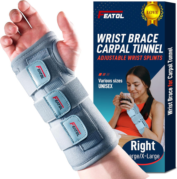 FEATOL Adjustable Wrist Brace for Carpal Tunnel, Night Sleep Support with Splints, Right Hand, Medium/Large for Men