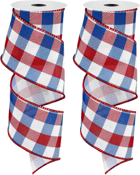Whaline 2 Rolls 4th of July Wired Edge Plaids Ribbon Red Blue Plaids 2.5 Inch for Independence Day Gift Wrapping