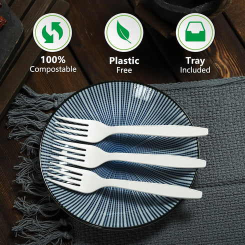 HERLLY 100 Biodegradable Compostable Forks, Large Disposable Utensils for Parties, Eco-Friendly and Durable