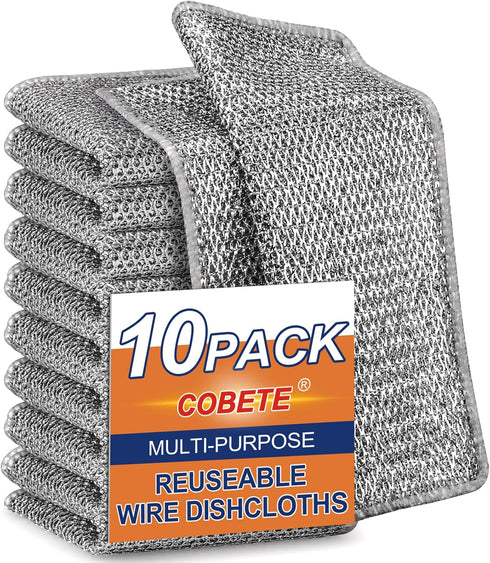 Non Scratch Wire Dishcloth, Double-Layer Wire Dishwashing Rags for Wet and Dry, Pack of 10