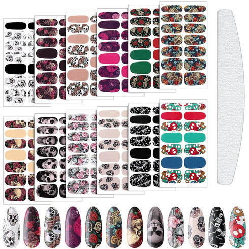 Maitys 168 Pcs Halloween Goth Full Wrap Nail Stickers, 12 Sheets Skull Self Adhesive Nail Polish Strips for Women DIY
