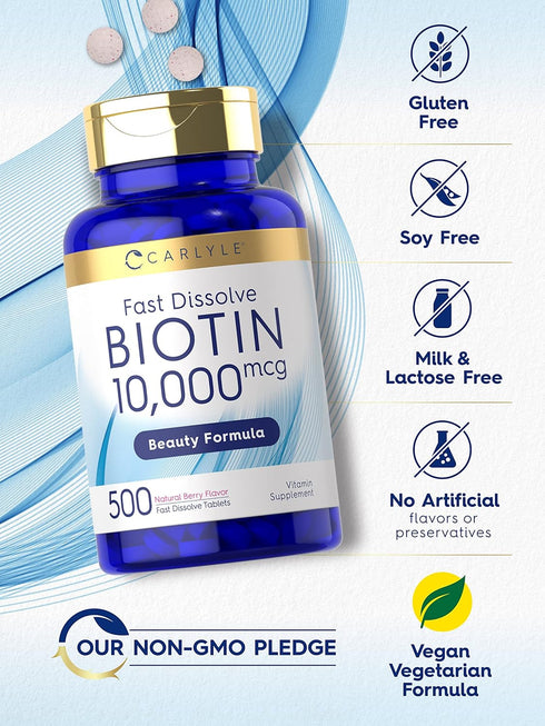 Carlyle Biotin 10000mcg | 500 Fast Dissolve Tablets | Max Strength Vegetarian, Non-GMO, Gluten Free Supplement