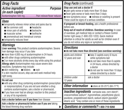 Rite Aid Extra Strength Acetaminophen, 500mg - 500 Caplets | Pain Reliever & Fever Reducer | Migraine Relief Products | Joint & Muscle Pain Relief Pills | Menstrual Pain Relief | Back Pain Relief