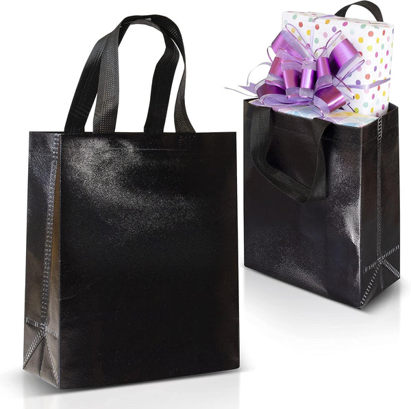 Nush Nush Medium Black Gift Bags, Set of 12 Reusable with Handles, Ideal for Birthday and Party Favor Bags