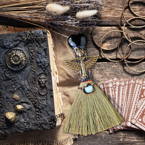 Witch Broom Halloween Crystal Witch Wiccan Altar Broom, Witchcraft Witches Pagan Altar Decor, Handmade Ritual Magic