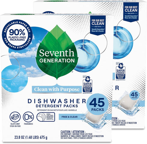 Seventh Generation Dishwasher Detergent Packs, Free & Clear, Pack of 2, 45 Count
