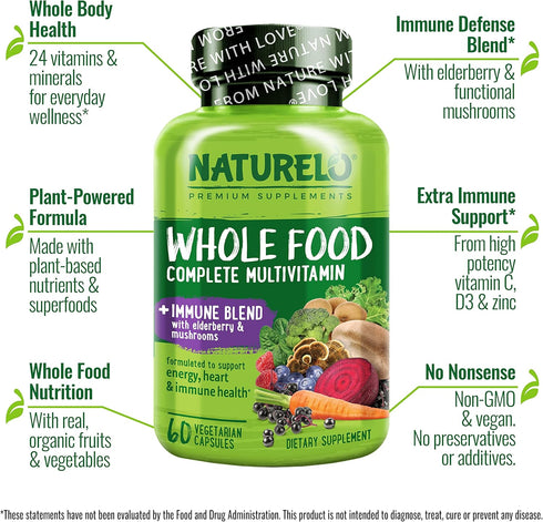 NATURELO Whole Food Multivitamin + Immune Blend with Elderberry & Mushrooms, 60 Vegan Capsules