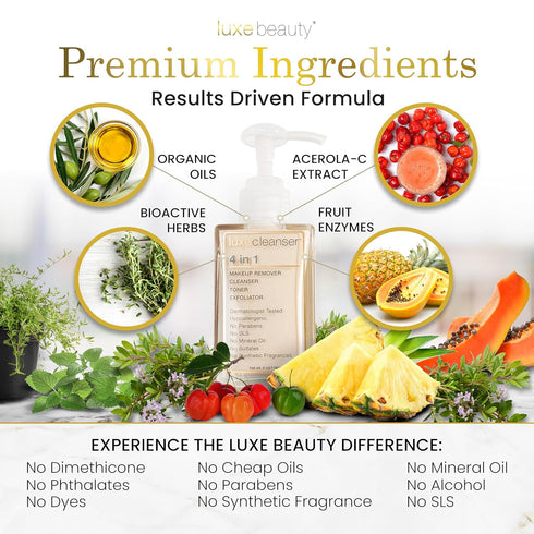 Luxe Cleanser All-in-One Hypoallergenic Face Cleanser + Natural Makeup Remover Face Wash + Exfoliator for All Skin Types