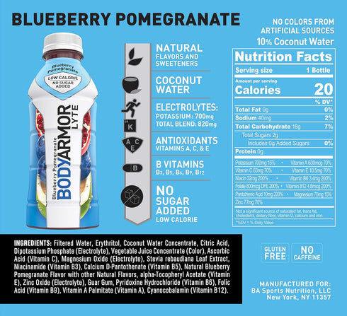 Potassium-Packed Athletes,16 Oz BODYARMOR LYTE Sports Drink Low-Calorie Sports Beverage, Blueberry Pomegranate, Natural