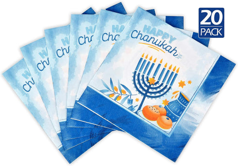Izzy 'n' Dizzy Hanukkah Napkins, Hanukkah Paper Goods, Blue and White Chanukah Themed Party Supplies (Pack of 20)