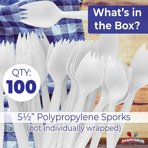 BPA-Free White Disposable Sporks 100 Pk, Recyclable Eco-Friendly Kid-Safe 2-in-1 Utensils for Large Meals