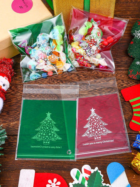 200 Pieces Clear Christmas Treat Bags, Self-adhesive Cellophane Plastic Candy Bags for Party Favors Decoration