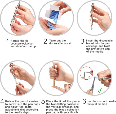 Painless Lancing Device Blood Lancet Pen - Sterile Gold Plated Third Generation with +50pcs 23G Needles