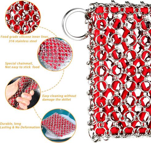 Cast Iron Scrubber, Chainmail Scrubber for Cast Iron Pan, Metal Sponge Cleaner for Skillet, Wok & Dutch Oven