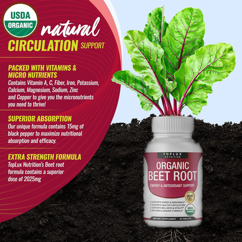 Organic Beet Root Powder Tablets, 2040mg Natural Nitric Oxide Beets, Energy Support, 90 Tablets