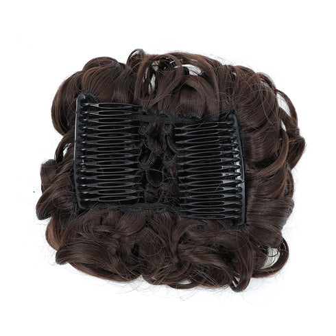 SWACC Short Messy Curly Dish Hair Bun Extension, Easy Stretch Combs, Clip in Ponytail, Dark Brown-4#