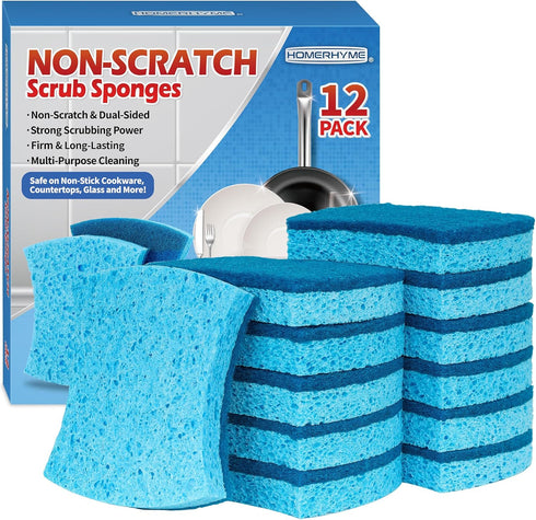 Non-Scratch Cellulose Scrub Sponges 12 Pack, Ergonomic Design for Dishes and Cookware