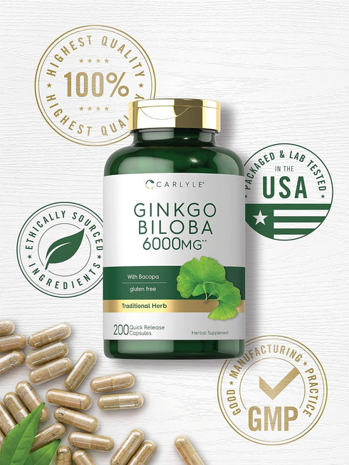 Carlyle Ginkgo Biloba Pills, 6000mg, 200 Capsules, Maximum Strength, Non-GMO, Gluten Free Supplement