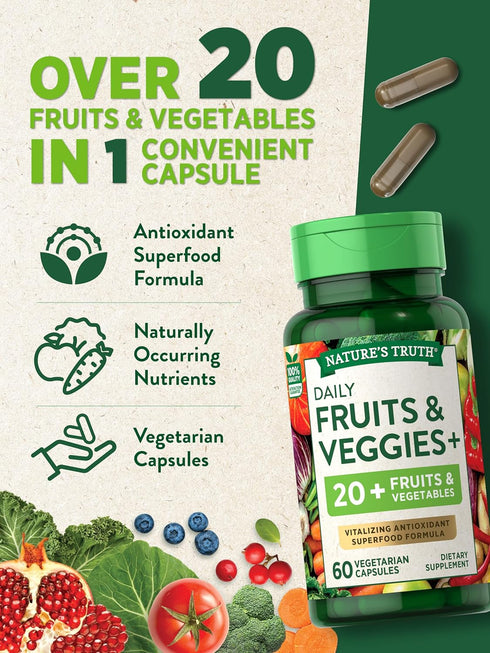 Super Fruits and Veggies - 60 Vegetarian Capsules, Non-GMO & Gluten Free Antioxidant Superfood Supplement