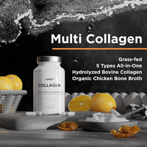 Amen Multi Collagen Peptides Capsules - 90 Pills with Hyaluronic Acid, Vitamin C, 5 Types of Collagen Protein