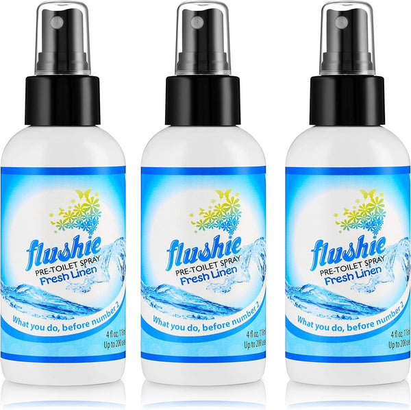 Flushie Pre-Toilet Spray for Poop, Travel Size Toiletries, 4oz Bathroom Deodorizer, 3 Pack (Linen)