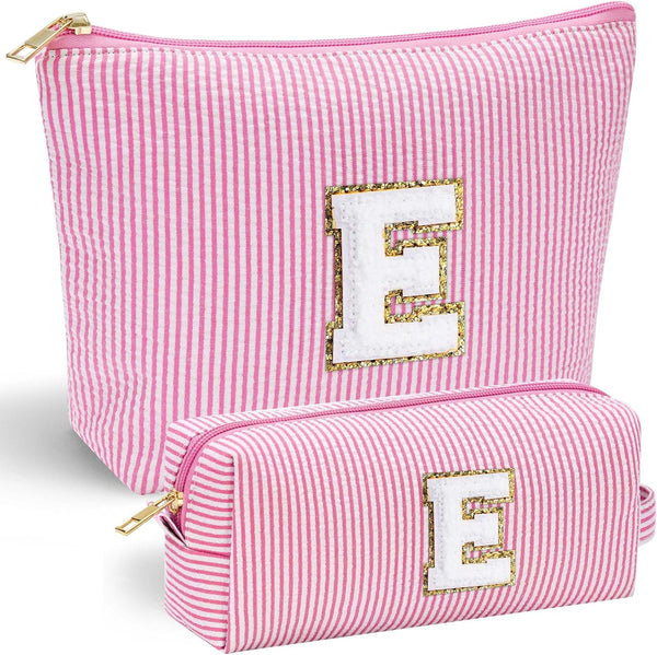 Personalized Makeup Bag for Women - Monogram Travel Toiletry Bag, Birthday Gifts for Her, Pink Initial E