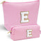 Personalized Makeup Bag for Women - Monogram Travel Toiletry Bag, Birthday Gifts for Her, Pink Initial E