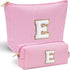 Personalized Makeup Bag for Women - Monogram Travel Toiletry Bag, Birthday Gifts for Her, Pink Initial E