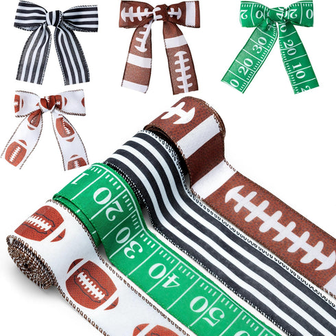 Football Wired Edge Ribbon - 4 Rolls 24 Yards Brown Green for Football Game, Rugby, DIY Craft