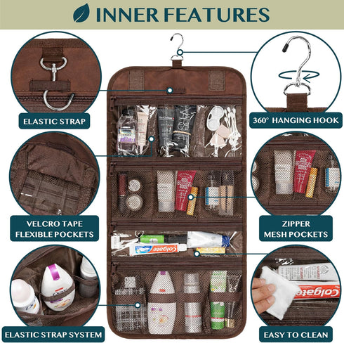 PAVILIA Hanging Toiletry Bag Men Women, Travel Kit Foldable Toiletries Organizer, Roll up Cosmetics Makeup Bag Accessories, Waterproof Essentials Dopp Case (Brown)