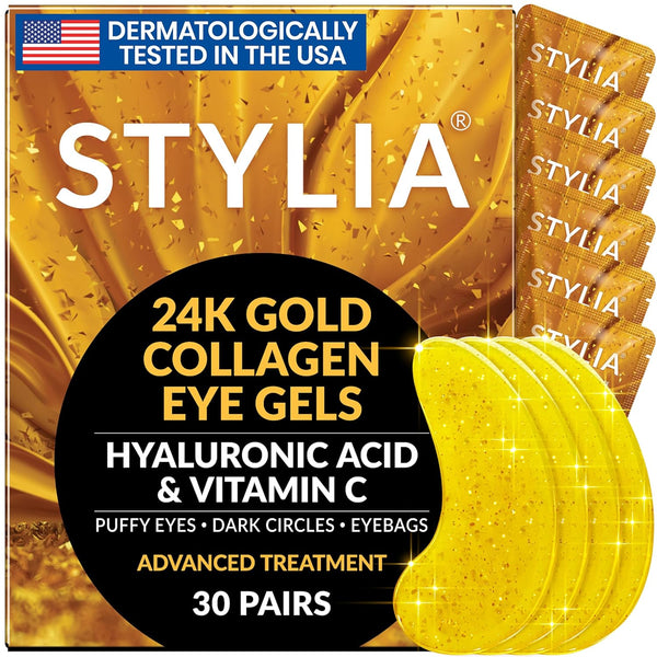 Under Eye Patches for Dark Circles (30 Pairs) - 24k Gold Eye Mask with Vitamin C & Hyaluronic Acid for Puffiness