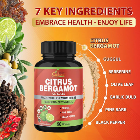 Organic Cadane Citrus Bergamot Supplement Extract Capsules, 90 Capsules & Berberine, Supports Overall Health, 3 Months