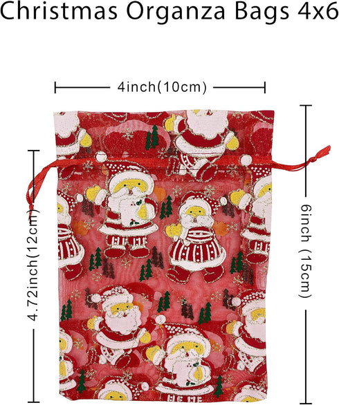 24PCS Christmas Organza Gift Bags - 4X6 with Drawstring, 11 Mix Pattern Small Goodie Candy Party Favor Xmas Bags