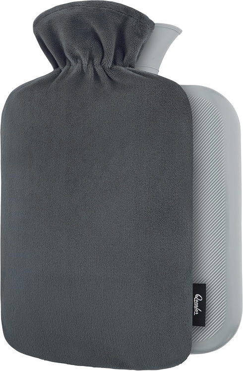 Qomfor Hot Water Bottle - with Soft Premium Fleece Cover - Dark Gray,