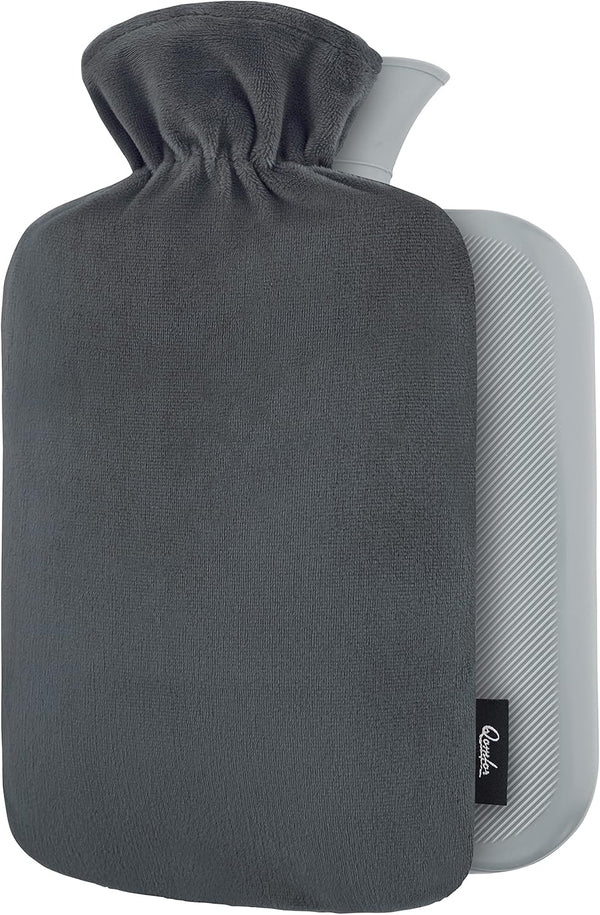 Qomfor Hot Water Bottle - with Soft Premium Fleece Cover - Dark Gray,