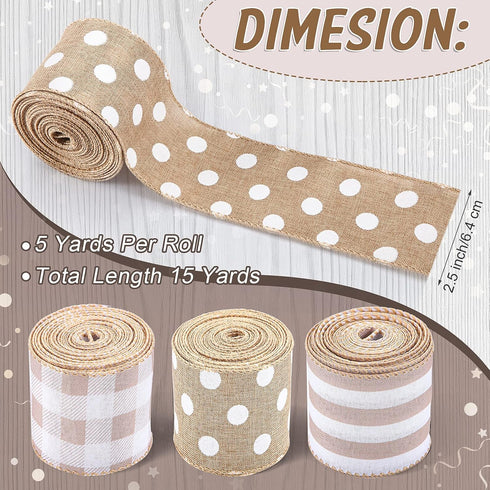 3 Rolls Burlap Wired Ribbons, 2.5 Inch x 15 Yards, Plaid Wrapping, Striped Gingham for DIY Crafts, Home Decoration