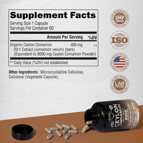 Ceylon Cinnamon Capsules - 8000 mg, Extra Strength - Made in USA - Energy, Heart & Metabolism Support - for Men & Women - Pure Natural Extract 20:1 Supplement - 60 Vegan Pills, 2 Month Supply