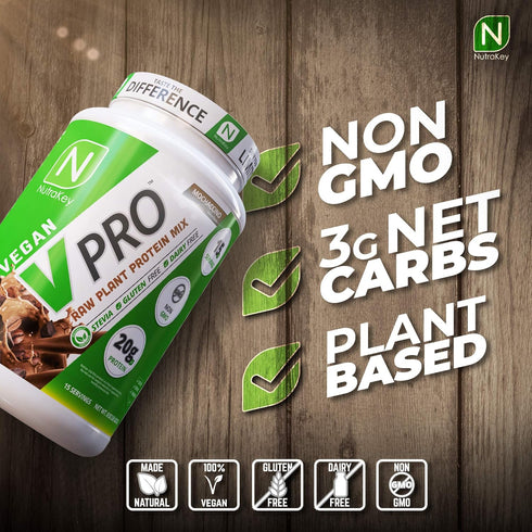 NutraKey V-Pro Raw Plant Protein Powder, Organic, Vegan, Low Carb, Gluten Free, 20g Protein (Mocha) 2-Pound