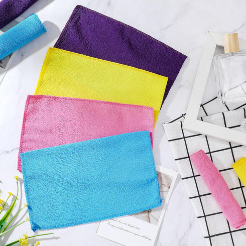 Tatuo 12 Pieces Korean Exfoliating Mitt Cloth Towel, Body Scrub, Bath Exfoliating Scrub Towel (Purple, Yellow, Pink,