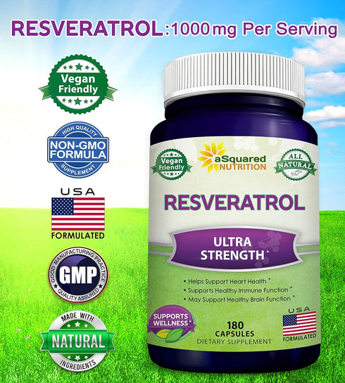 100% Natural Resveratrol Supplement, 1000mg Max Strength (180 Capsules) for Heart Health & Antioxidants