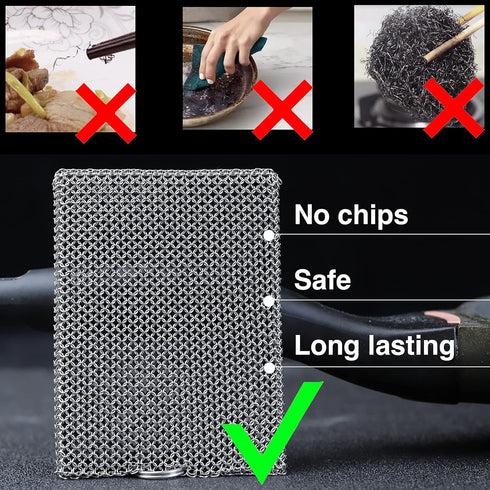 Cast Iron Cleaner Chainmail Scrubber | Fine Ring 316 Stainless Steel Scrubbing Sponge for Cast Iron Pots, BBQ, Dishes
