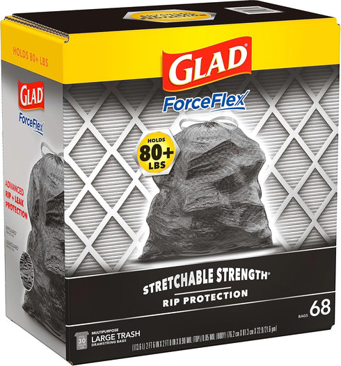 Glad Trash Bags - ForceFlex Large Garbage Bags, 30 Gallon Black Trash Bag, 68 Count (Package May Vary)