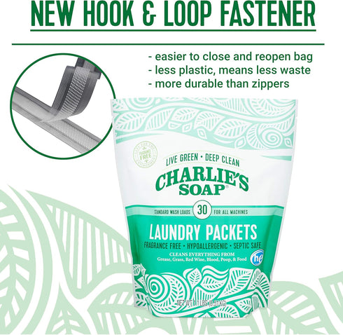 Packets 30 Count (2 Pack 60 Charlie's Soap - Unscented Powdered Laundry Total Loads)