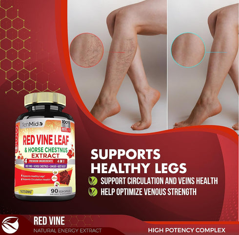 90 Vegan Capsules of 18250mg Red Vine Leaf Extract - with Horse Chestnut, Beet Root, Ginger - Herbal Supplement for