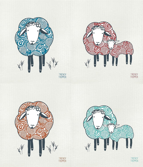 EARTH-FRIENDLY REUSABLE COMPOSTABLE ECO SPONGE CLOTH | Swedish Dishcloth | 4-Pk Sheep (1 each
