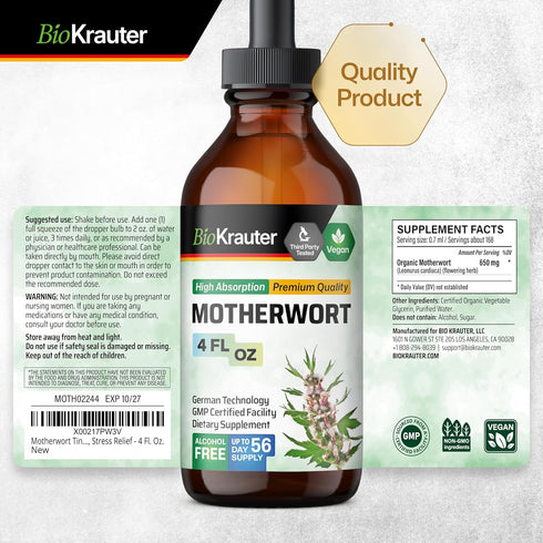 MAUWE HERBS Motherwort Tincture - Organic Herbal Extract for Women’s Health - Alcohol & Sugar Free - 4 Fl.Oz.