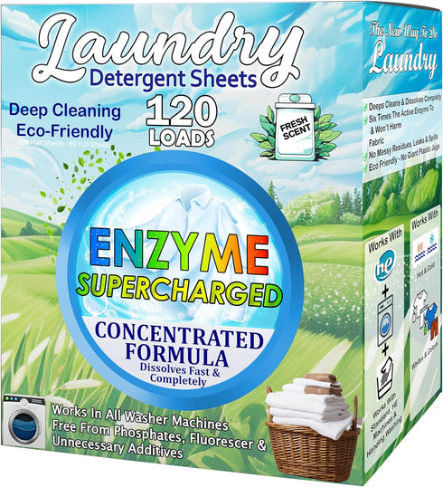 Laundry Detergent Sheets, 120 Loads, Eco-Friendly, Hypoallergenic, Powerful Stain Removal, Fresh Scent