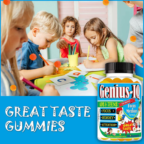 Genius IQ Kids Brain Supplements for Memory and Focus, Omega 3-6-9 Gummy Vitamins, 60 Gummies